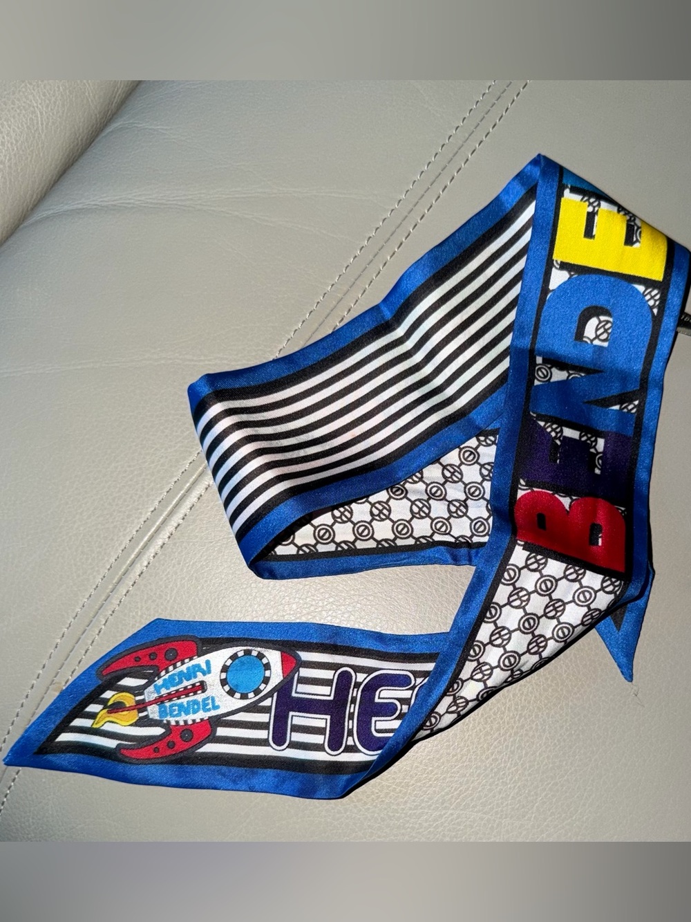 HENRI BENDEL Blue Striped Designer Hair Scarf with Playful Graphic